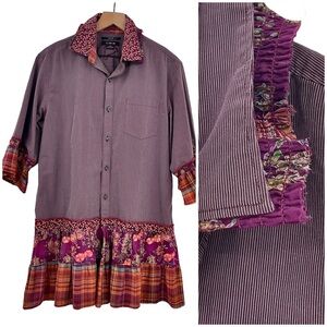 Custom Up-Cycled Tunic 3/4 Sleeves Button Up Ruffle Hem Mixed Print Purple | M/L